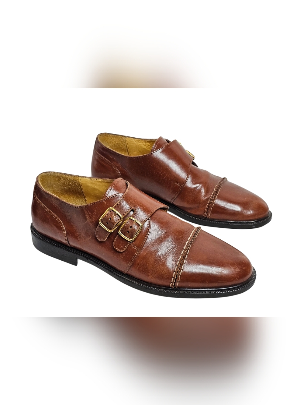 Adolfo Brown Italian Leather Double Monk Strap Hand-Stitched Cap Toe Shoe Men 6M